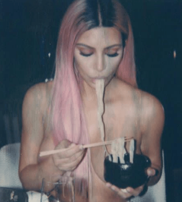 Nudels Kim Kardashian says as she poses nude while eating noodles