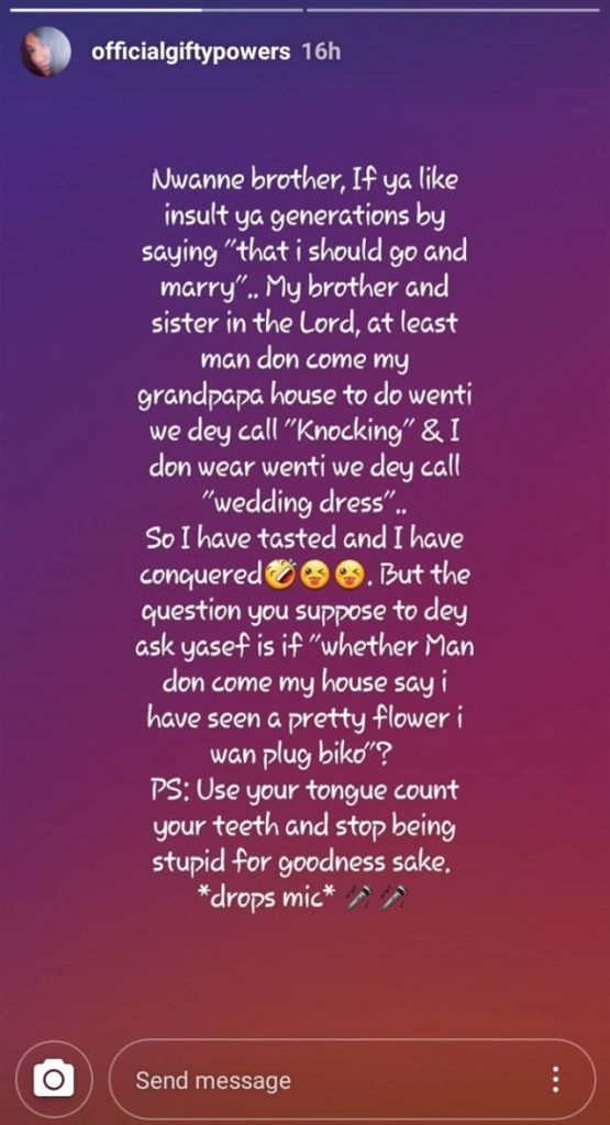 BBNaija’s Gifty has a response for people who are asking her to “go and marry”