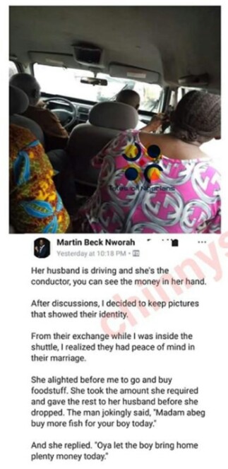 Woman Does Conductor For Her Husband While He Drives (Photo)