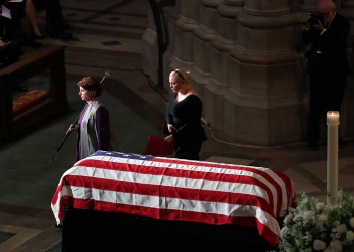 WASHINGTON, DC - SEPTEMBER 1: Meghan McCain leaves the podium after speaking during the funeral service for U.S. Sen. John McCain at the National Cathedral on September 1, 2018 in Washington, DC. The late senator died August 25 at the age of 81 after a long battle with brain cancer. McCain will be buried at his final resting place at the U.S. Naval Academy. Mark Wilson/Getty Images/AFP