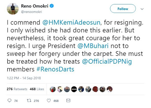 Here’s How Reno Omokri Reacted to Kemi Adeosun Honorably Resigning Over NYSC Certificate