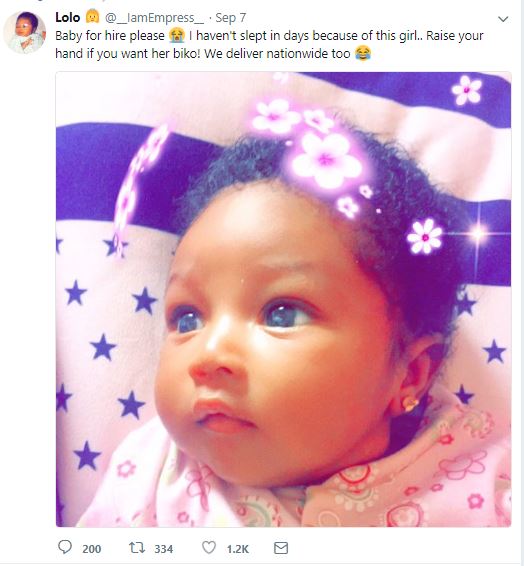 Lady Puts Up Her Baby Up For Sale On Twitter Because She Disturbs Too Much (Photo)