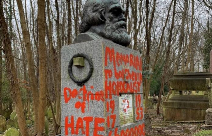 The desecrated grave of Karl Marx in London’s Highgate Cemetery. Maxwell Blowfield-PA